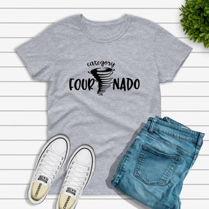 May include: Gray t-shirt with a black graphic of a tornado and the text "category fournado".