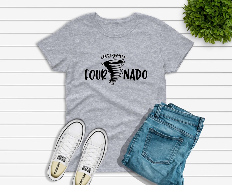 May include: Gray t-shirt with a black graphic of a tornado and the text "category fournado".