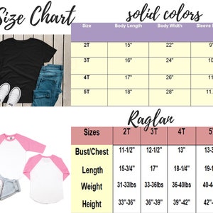 May include: Size chart for t-shirts and raglan shirts in sizes 2T, 3T, 4T, and 5T. The chart includes measurements for body length, body width, sleeve length, bust/chest, length, weight, and height.