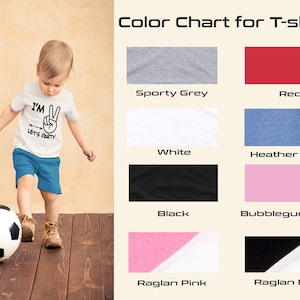 May include: Color chart for t-shirts with a variety of colors including sporty grey, red, white, heather blue, black, bubblegum pink, raglan pink, and raglan black.