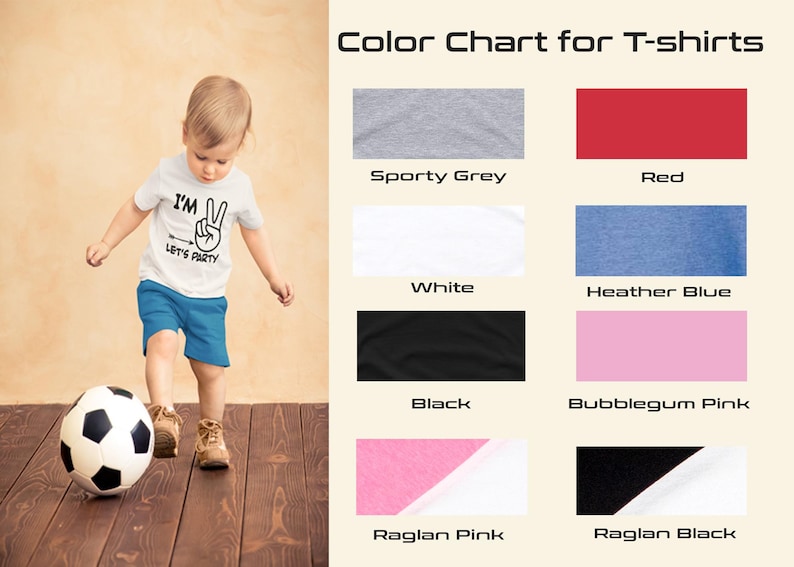May include: Color chart for t-shirts with a variety of colors including sporty grey, red, white, heather blue, black, bubblegum pink, raglan pink, and raglan black.