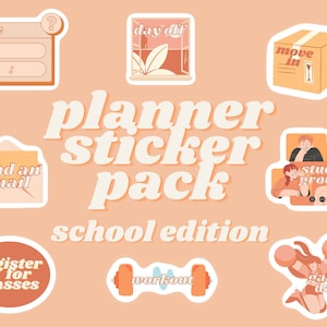 Può includere: Un set di adesivi per planner colorati a tema scolastico. Gli adesivi presentano illustrazioni di un quiz, un giorno libero, un trasloco, l'invio di un'e-mail, l'iscrizione ai corsi, l'allenamento, un gruppo di studio e un giorno di partita.