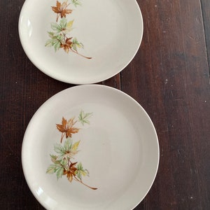 May include: Two off-white ceramic plates with a brown, green, and yellow leaf design. The plates are round and sit on a dark brown wooden surface. The leaf design is on the left side of each plate.