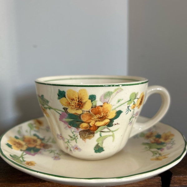 Vintage Crazed and Stained K.T. & K. Ivory Cup and Saucer - Buttercup Pattern