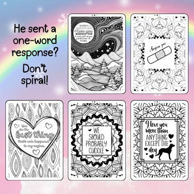 May include: A collection of six black and white greeting cards with various designs and text. The cards feature phrases like "I love you more than anything except the dog" and "We should probably cuddle."