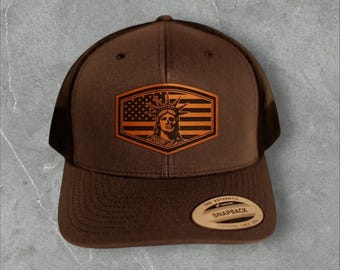 Lady Liberty Leather Patch Trucker Hat | American Flag Snapback