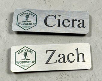 Custom Brushed Silver Metal Name Badge • Personalized Logo Employee Tag (Magnetic or Pin Back)