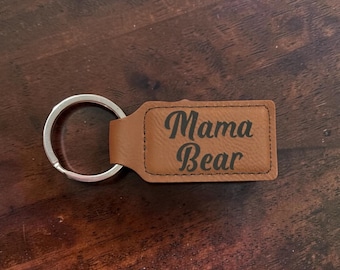 Mama Bear Vegan Leather Keychain – Engraved Rustic Key Ring
