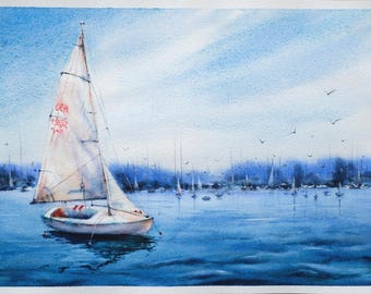 オリジナル水彩画：地中海の港、青い帆船（12×16インチ） - Etsy 日本