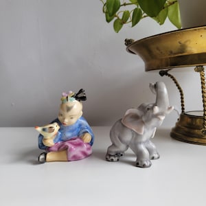 Vintage Herend porcelain figurines Chinese girl and Baby Elephant from mid century
