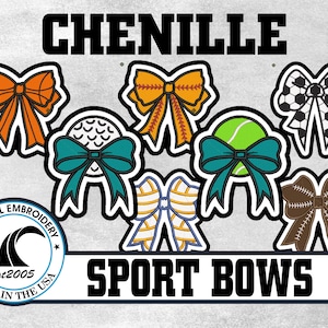 May include: A collection of chenille sport bows featuring various designs including a plain orange bow, a baseball bow, a soccer ball bow, a golf ball bow, a tennis ball bow, a volleyball bow, and a football bow, with the text CHENILLE SPORT BOWS.