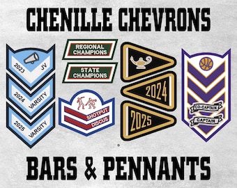 Op de afbeelding: Een verzameling chenille chevrons, balken en wimpels. Ontwerpen omvatten varsity, regionale en staatskampioen patches, en sport-thema emblemen. De afbeelding bevat tekst zoals "2023", "2024", "2025", "Shotput Discus" en "Captain".