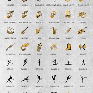 May include: A grid of icons titled INSERTS PG. 1 OF 2, featuring yellow and black illustrations of musical instruments, dance poses, academic symbols, and various objects. Each icon is labelled with text such as ART, DRUMS, and DANCE 1.