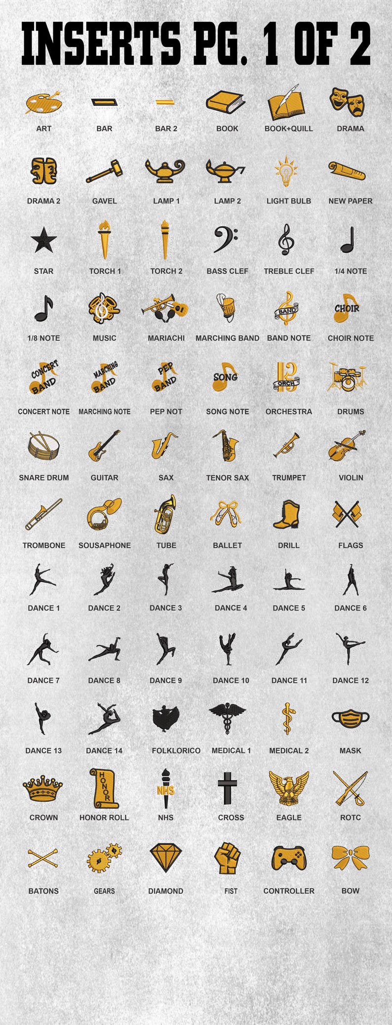 May include: A grid of icons titled INSERTS PG. 1 OF 2, featuring yellow and black illustrations of musical instruments, dance poses, academic symbols, and various objects. Each icon is labelled with text such as ART, DRUMS, and DANCE 1.