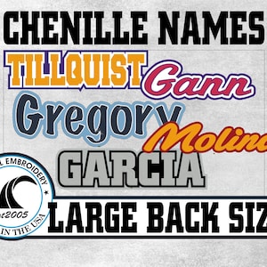 May include: A digital display showing the text CHENILLE NAMES at the top, followed by examples of names in various fonts and colors including TILLQUIST, Gann, Gregory, Molina, and GARCIA. A circular logo reads COASTAL EMBROIDERY MADE IN THE USA.