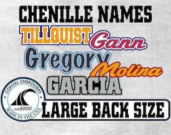 May include: A digital display showing the text CHENILLE NAMES at the top, followed by examples of names in various fonts and colors including TILLQUIST, Gann, Gregory, Molina, and GARCIA. A circular logo reads COASTAL EMBROIDERY MADE IN THE USA.