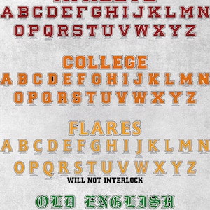 May include: A digital font reference sheet titled FONTS PG. 1 OF 3 displaying four distinct alphabet styles: red Athlete, orange College, yellow Flares, and green Old English. Each set includes uppercase letters A through Z with specific text labels.