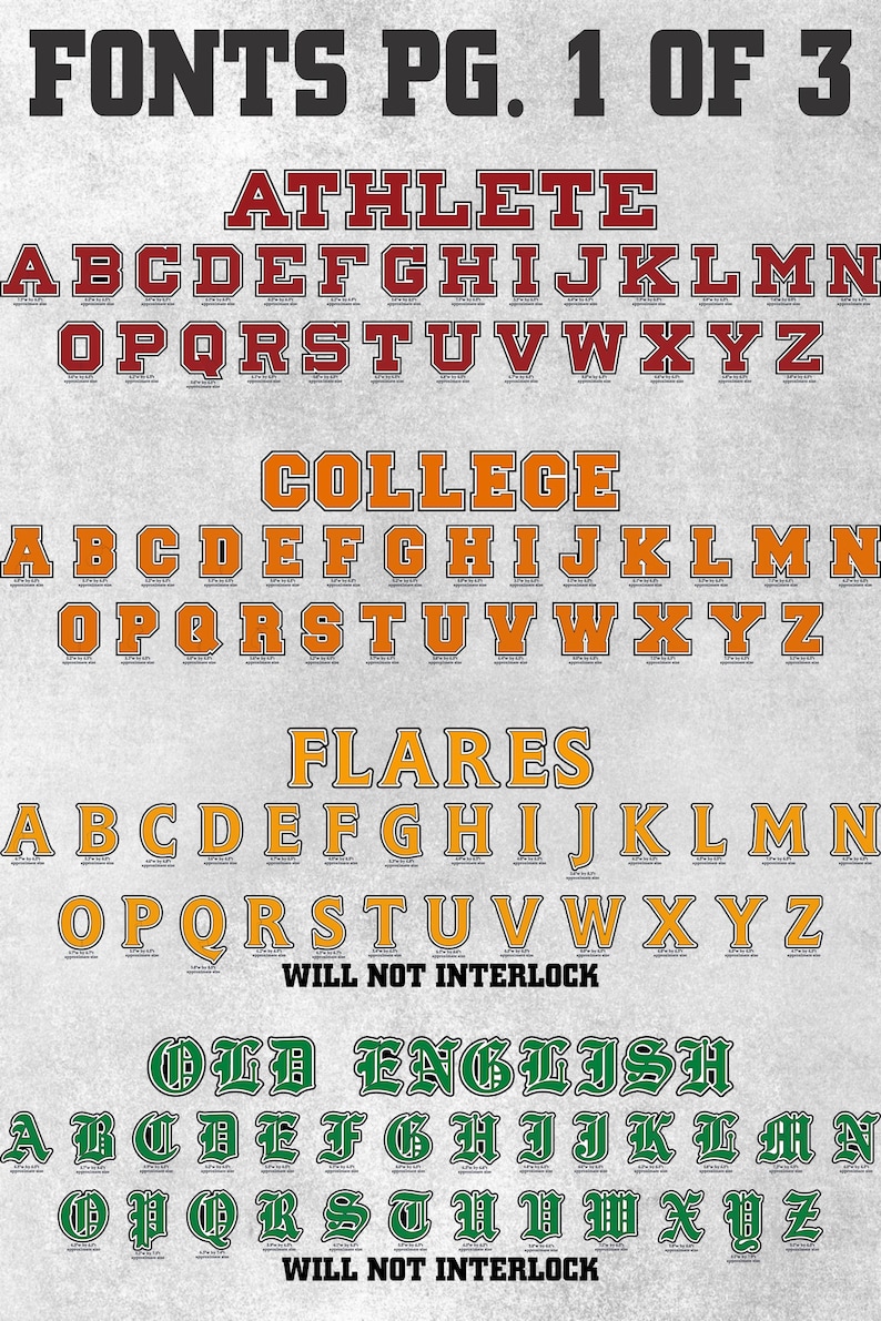 May include: A digital font reference sheet titled FONTS PG. 1 OF 3 displaying four distinct alphabet styles: red Athlete, orange College, yellow Flares, and green Old English. Each set includes uppercase letters A through Z with specific text labels.