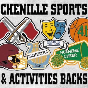 May include: Chenille iron-on patches for sports and activities. Patches include a football helmet, a basketball, a musical note, a megaphone, and two crossed flags. The text "Singin' in the Rain" and "Hueneneme Cheer" are on the patches.