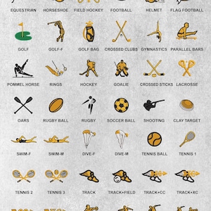 May include: A grid of sports-themed icons labelled INSERTS PG. 2 OF 2, featuring black and gold illustrations of equipment and athletes for activities like archery, baseball, bowling, gymnastics, swimming, track, and wrestling on a light grey background.