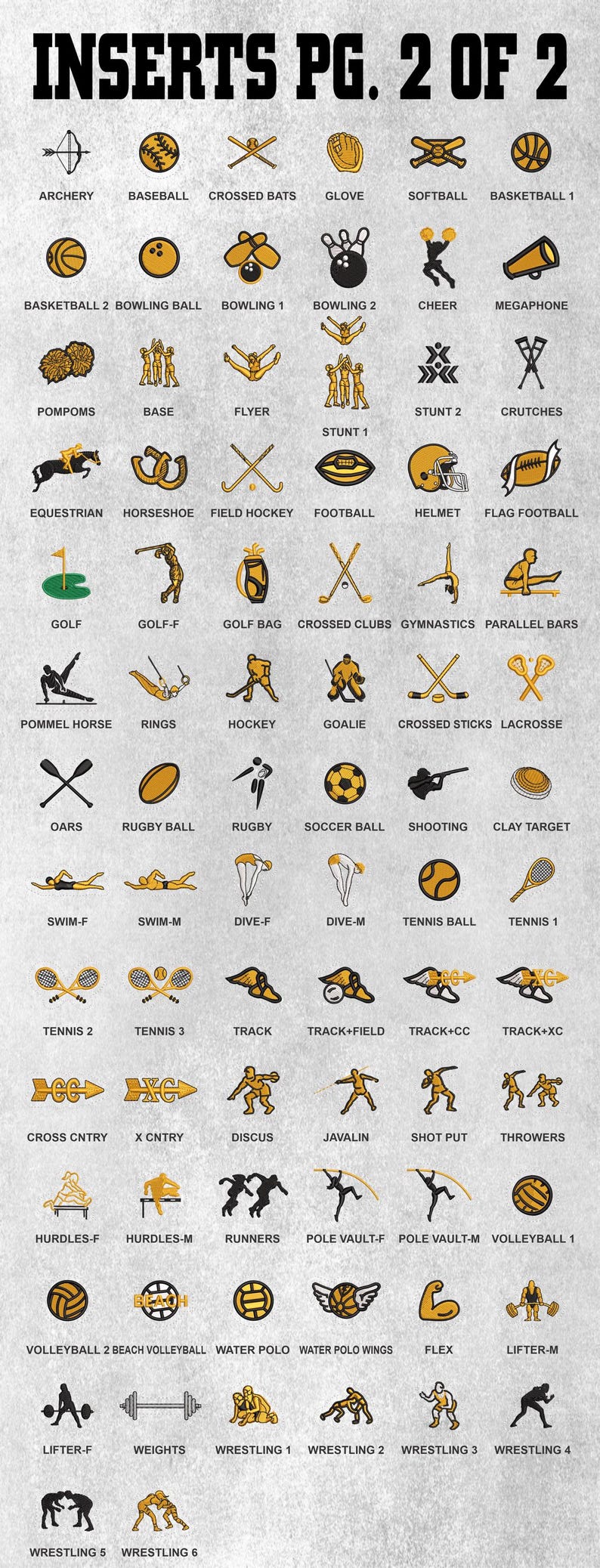 May include: A grid of sports-themed icons labelled INSERTS PG. 2 OF 2, featuring black and gold illustrations of equipment and athletes for activities like archery, baseball, bowling, gymnastics, swimming, track, and wrestling on a light grey background.
