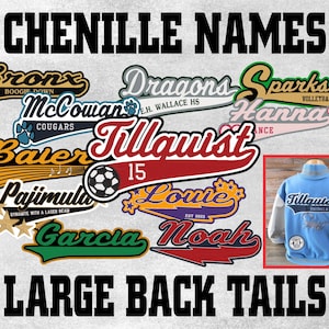 May include: A collection of colorful chenille patches with names and sports team logos. The patches are arranged in a semi-circle around the words "CHENILLE NAMES" and "LARGE BACK TAILS".