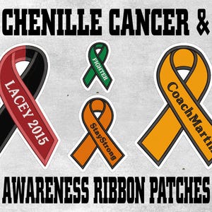 May include: Four chenille awareness ribbon patches. The patches are black and red, green, orange, and orange with the text "Coach Martin". The text on the black and red patch reads "Lacey 2015". The text on the green patch reads "Fighter". The text on the orange patch reads "Stay Strong".