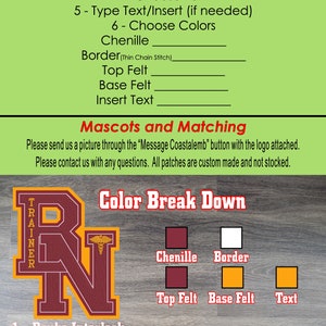 May include: An instructional graphic for custom patches featuring a light green background with red text. It outlines ordering steps, personalisation fields for chenille, border, and felt colours, and a colour breakdown for a maroon and gold RN patch.