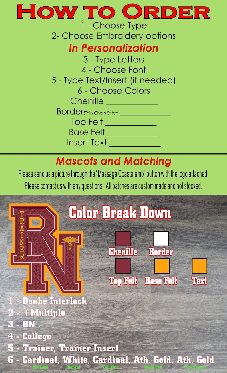 May include: An instructional graphic for custom patches featuring a light green background with red text. It outlines ordering steps, personalisation fields for chenille, border, and felt colours, and a colour breakdown for a maroon and gold RN patch.