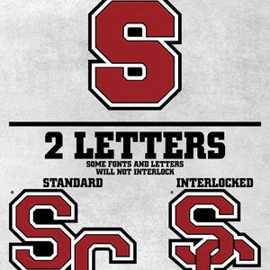 May include: A graphic display showing letter options. The top section shows a single letter S in red with black and white outlines. The bottom section shows two letters SC in standard and interlocked styles with the text 1 LETTER and 2 LETTERS.