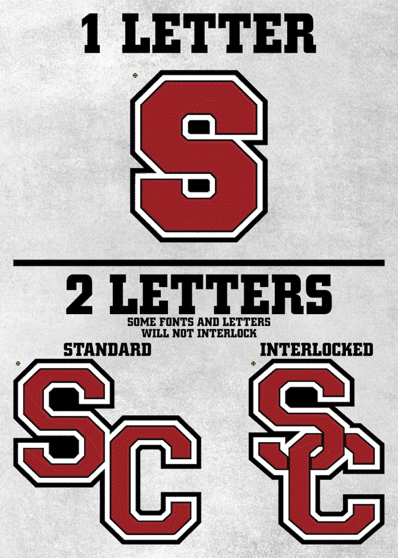 May include: A graphic display showing letter options. The top section shows a single letter S in red with black and white outlines. The bottom section shows two letters SC in standard and interlocked styles with the text 1 LETTER and 2 LETTERS.