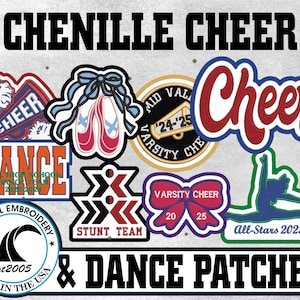 May include: A collection of embroidered patches featuring the text CHENILLE CHEER & DANCE PATCHES. Designs include a megaphone, ballet slippers with blue ribbons, a red script Cheer word, a stunt team logo, a bow, and a gymnast silhouette.