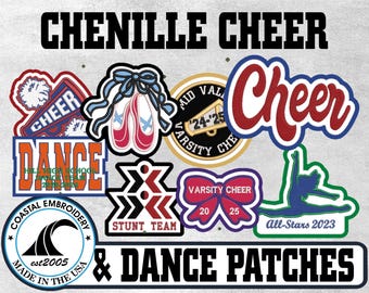 May include: A collection of embroidered patches featuring the text CHENILLE CHEER & DANCE PATCHES. Designs include a megaphone, ballet slippers with blue ribbons, a red script Cheer word, a stunt team logo, a bow, and a gymnast silhouette.