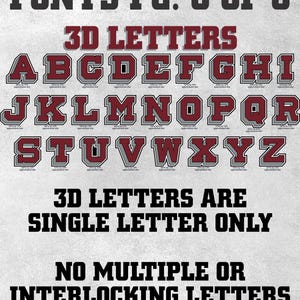 May include: A digital display of 3D letters from A to Z in a maroon and grey block font. The text reads FONTS PG. 3 OF 3, 3D LETTERS, 3D LETTERS ARE SINGLE LETTER ONLY, and NO MULTIPLE OR INTERLOCKING LETTERS. Each letter includes small text indicating size.