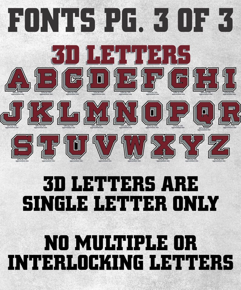 May include: A digital display of 3D letters from A to Z in a maroon and grey block font. The text reads FONTS PG. 3 OF 3, 3D LETTERS, 3D LETTERS ARE SINGLE LETTER ONLY, and NO MULTIPLE OR INTERLOCKING LETTERS. Each letter includes small text indicating size.