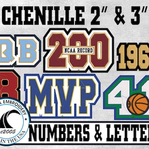 May include: A collection of chenille patches featuring letters and numbers in various colors and styles. Text includes CHENILLE 2" & 3", QB, 200 NCAA RECORD, 1960, 8, MVP, 41 with a basketball graphic, and a circular logo reading COASTAL EMBROIDERY est2005 MADE IN THE USA.