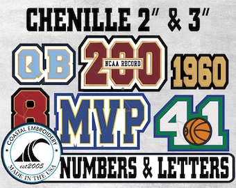May include: A collection of chenille patches featuring letters and numbers in various colours and styles. Text includes CHENILLE 2" & 3", QB, 200 NCAA RECORD, 1960, 8, MVP, 41 with a basketball graphic, and a circular logo reading COASTAL EMBROIDERY est2005 MADE IN THE USA.