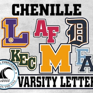 May include: A collection of colorful chenille varsity letters in various fonts and styles. The image features the text CHENILLE VARSITY LETTERS and a circular logo for Coastal Embroidery est2005 Made in the USA with a wave graphic icon.