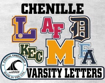 May include: A collection of colorful chenille varsity letters in various fonts and styles. The image features the text CHENILLE VARSITY LETTERS and a circular logo for Coastal Embroidery est2005 Made in the USA with a wave graphic icon.