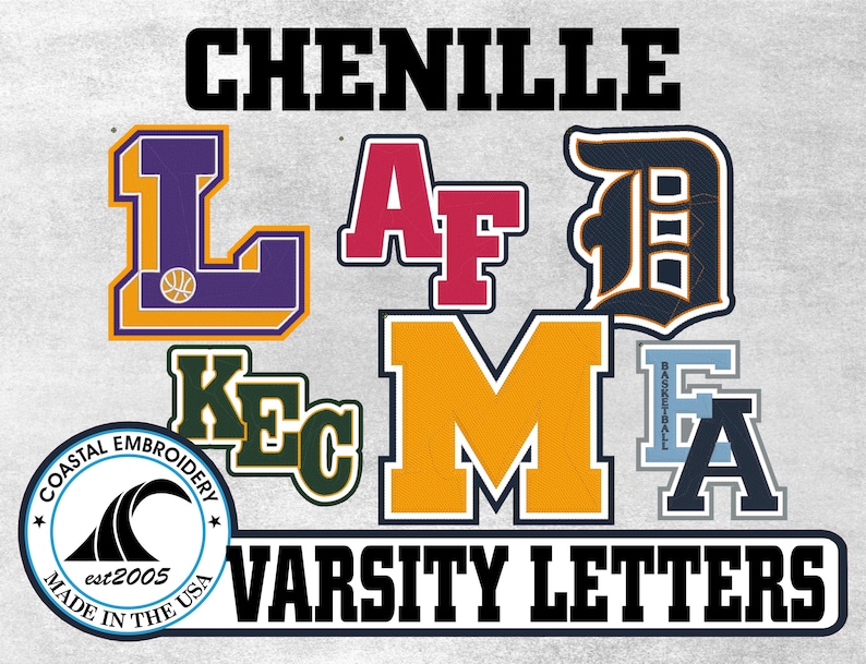 May include: A collection of colourful chenille varsity letters in various fonts and styles. The image features the text CHENILLE VARSITY LETTERS and a circular logo for Coastal Embroidery est2005 Made in the USA with a wave graphic icon.