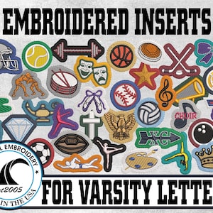 May include: A collection of colorful embroidered patches for varsity letters, featuring icons like sports balls, musical notes, theater masks, a crown, and a diamond. The text EMBROIDERED INSERTS FOR VARSITY LETTERS and a Coastal Embroidery logo are visible.