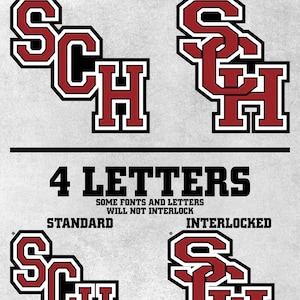 May include: A graphic display showing 3 and 4 letter combinations in a varsity-style font. The letters are dark red with black and white outlines, presented in standard and interlocked formats with text labels indicating that some fonts will not interlock.