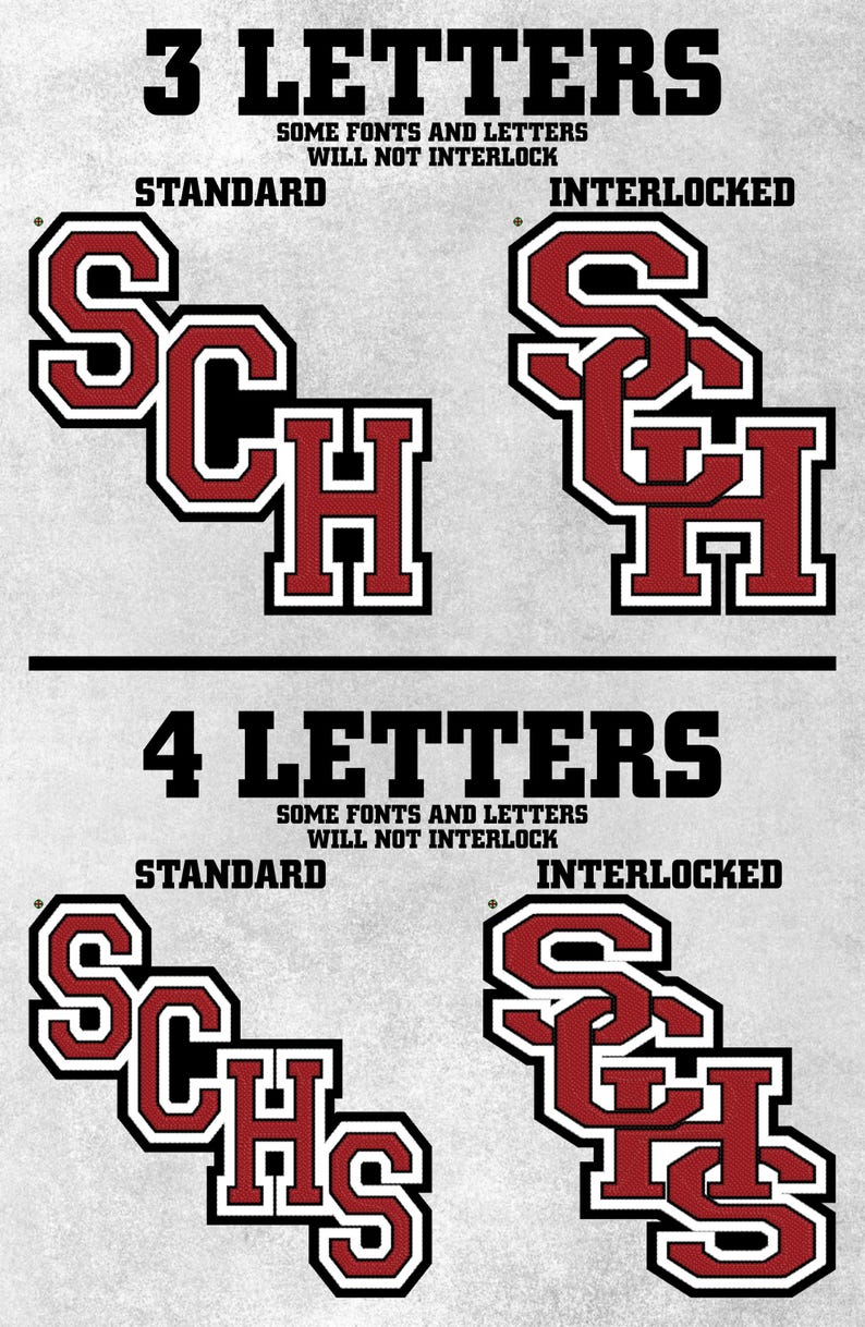 May include: A graphic display showing 3 and 4 letter combinations in a varsity-style font. The letters are dark red with black and white outlines, presented in standard and interlocked formats with text labels indicating that some fonts will not interlock.