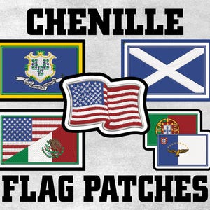 May include: Chenille Flag Patches with a variety of flags including the American flag, the Connecticut flag, the Scottish flag, the Mexican flag, the Portuguese flag, and the flag of the British Virgin Islands.