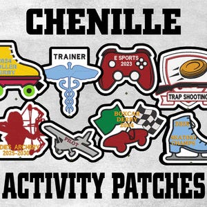 May include: A set of ten colorful iron-on patches featuring various activities, including roller derby, e-sports, trap shooting, and archery. The patches are decorated with text, numbers, and graphics.