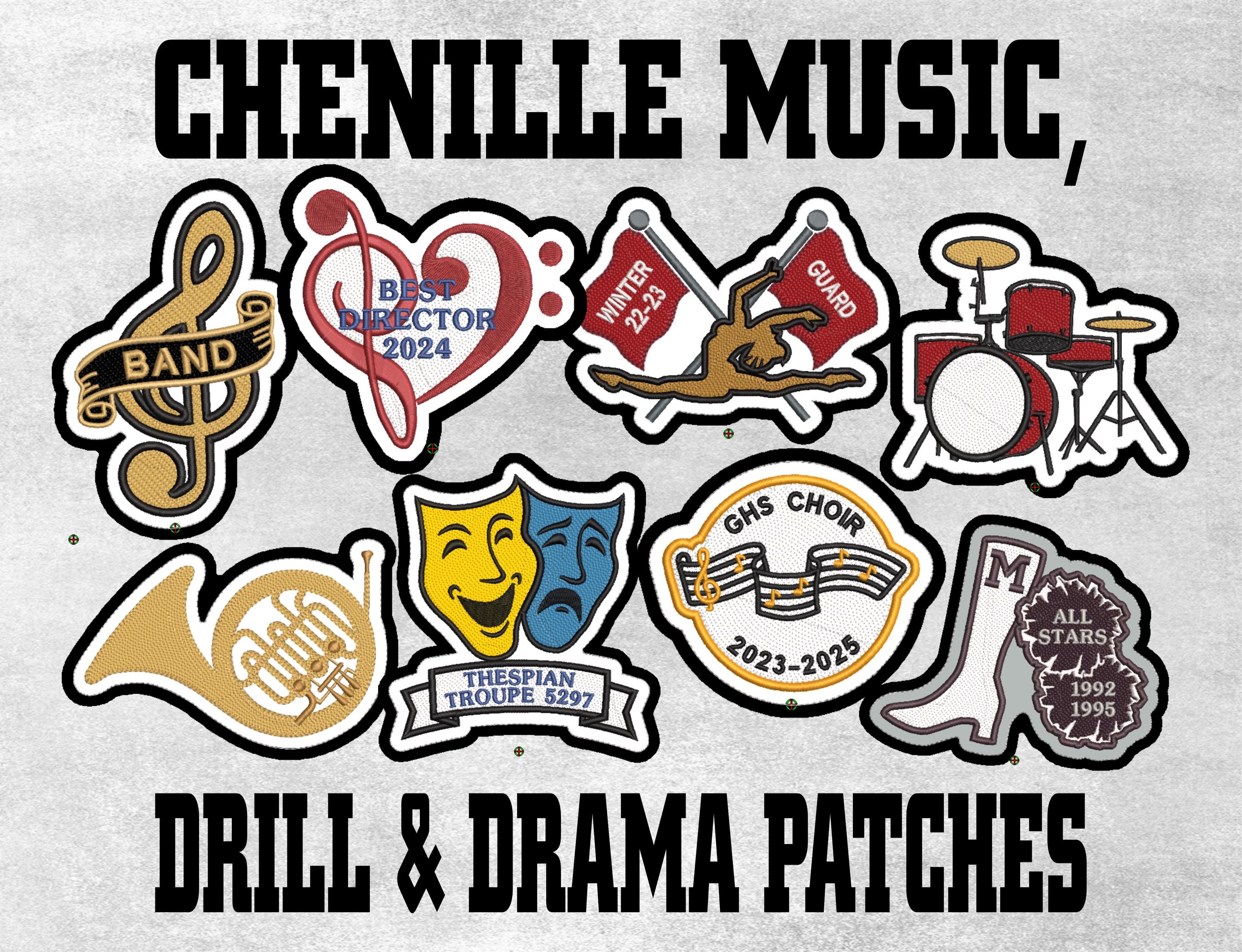 Chenille Music, Drill & Drama Custom Letterman Jacket Patch - Made in USA