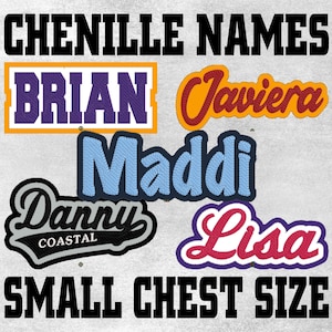 May include: A collection of chenille iron-on names in various colors and styles, including Brian, Javiera, Maddi, Danny Coastal, and Lisa. The text "SMALL CHEST SIZE" is printed below the names.