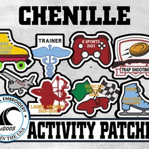 May include: A collection of chenille activity patches featuring various designs including a yellow roller skate, a blue medical symbol, a red game controller, a trap shooting emblem, a pilot icon, an archer, a boxcar, and a blue ice skate.