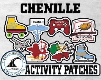 May include: A collection of chenille activity patches featuring various designs including a yellow roller skate, a blue medical symbol, a red game controller, a trap shooting emblem, a pilot icon, an archer, a boxcar, and a blue ice skate.
