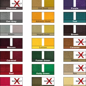 May include: A colour reference chart displaying various yarn and felt colour options. Each row features a colour name, a yarn sample, and a corresponding felt sample. Some felt samples are marked with a red X and the text NO FELT to indicate unavailability.